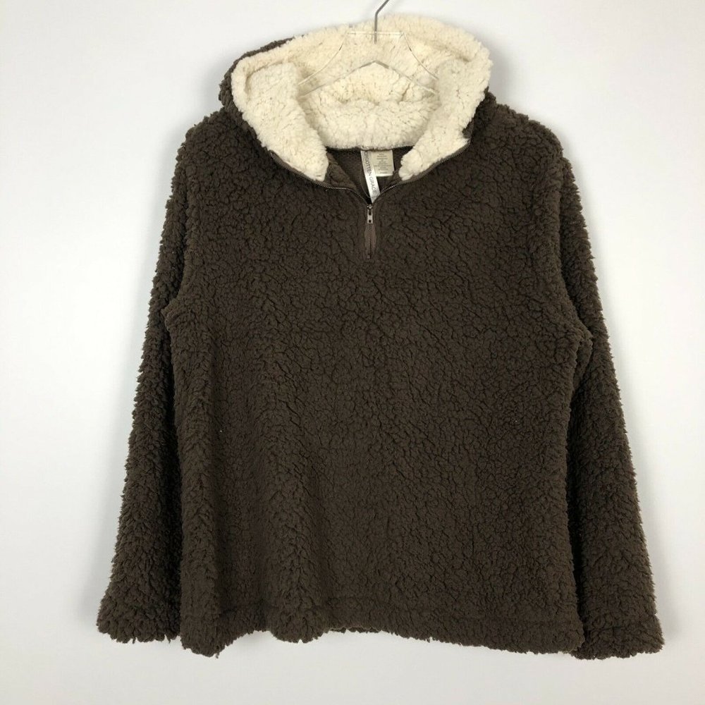 NEW Forgotten Grace Hooded Quarter Zip Faux Shearling Sherpa Pullover Brown S